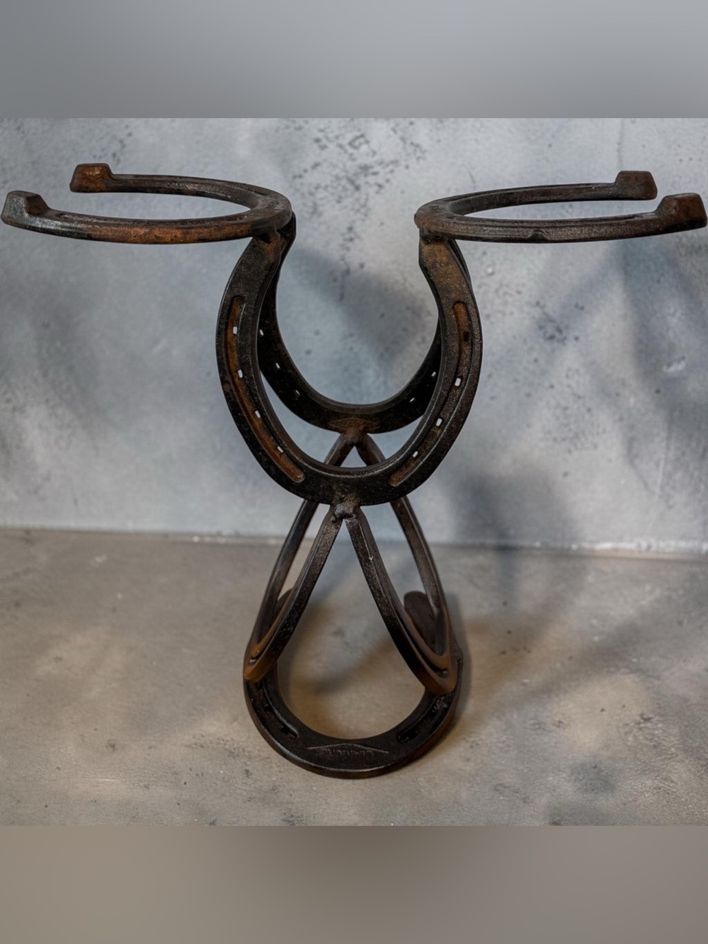 Vintage Cast Iron Horseshoe Wine Bottle and Glass Holder